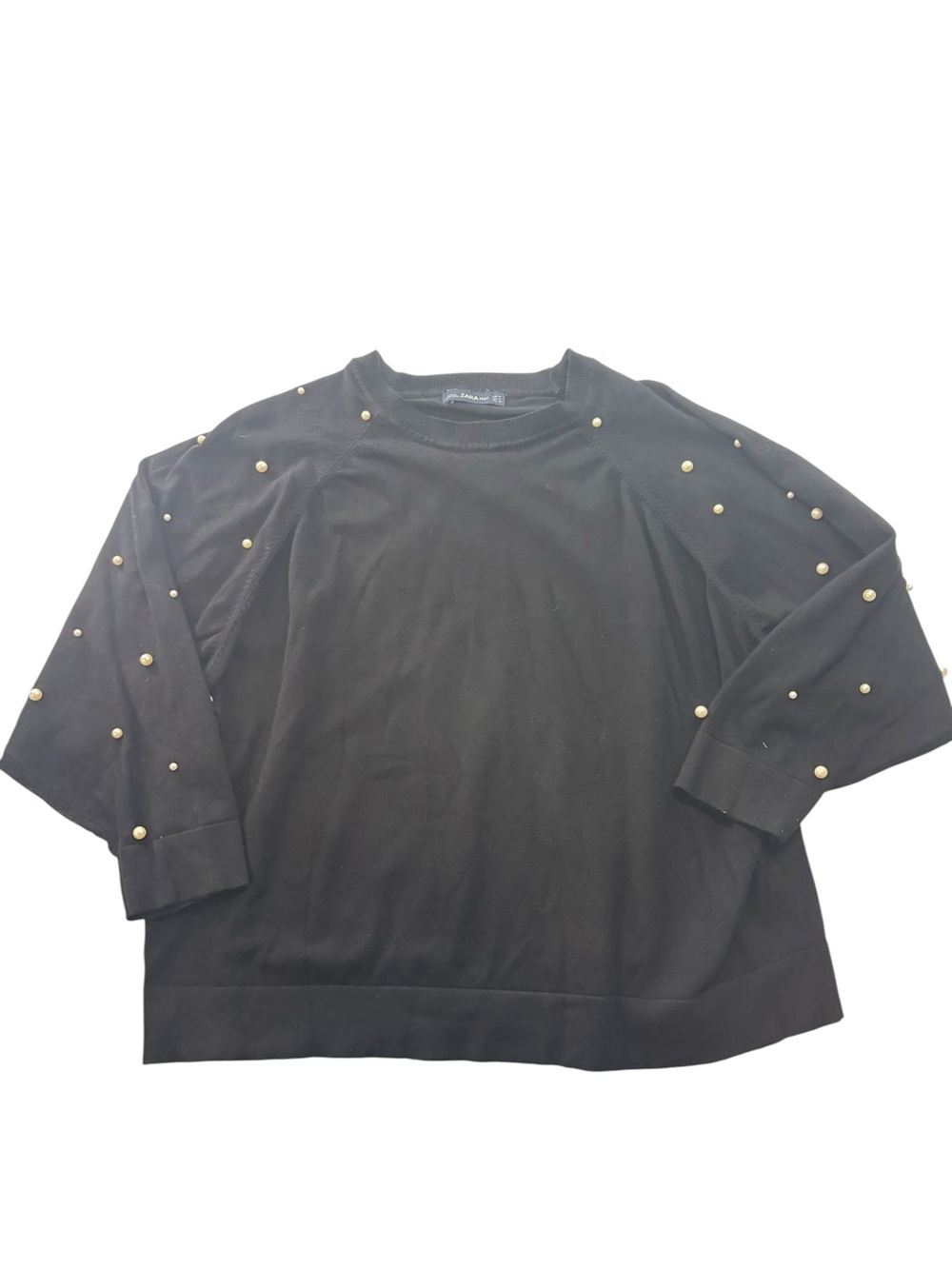 Zara Black Pearl-Stud Crewneck Sweater Womens Size Medium Top Classic